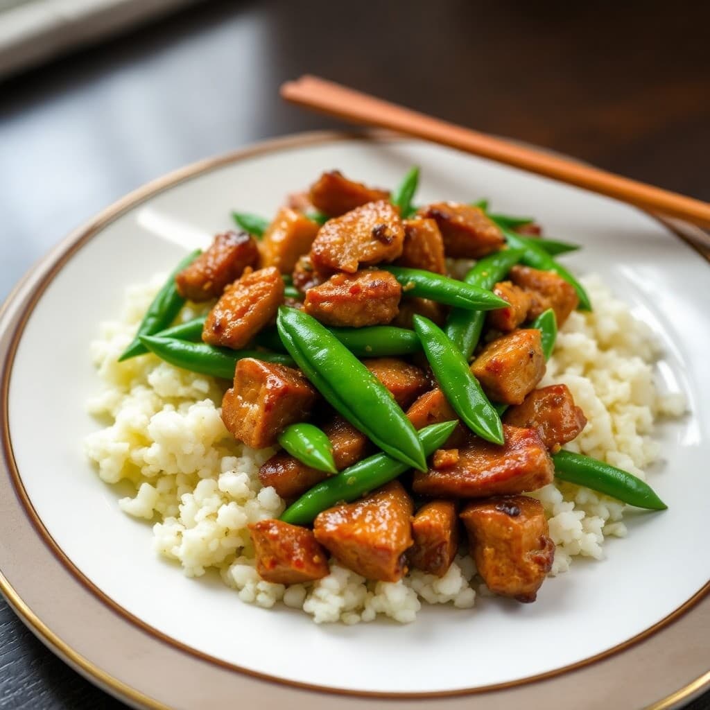 Sizzling Garlic Ginger Pork Stir-Fry with Snap Peas and Cauliflower Rice