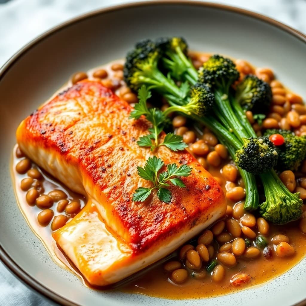 Italian Pan-Seared Salmon with Creamy Lentil Ragù & Charred Broccolini