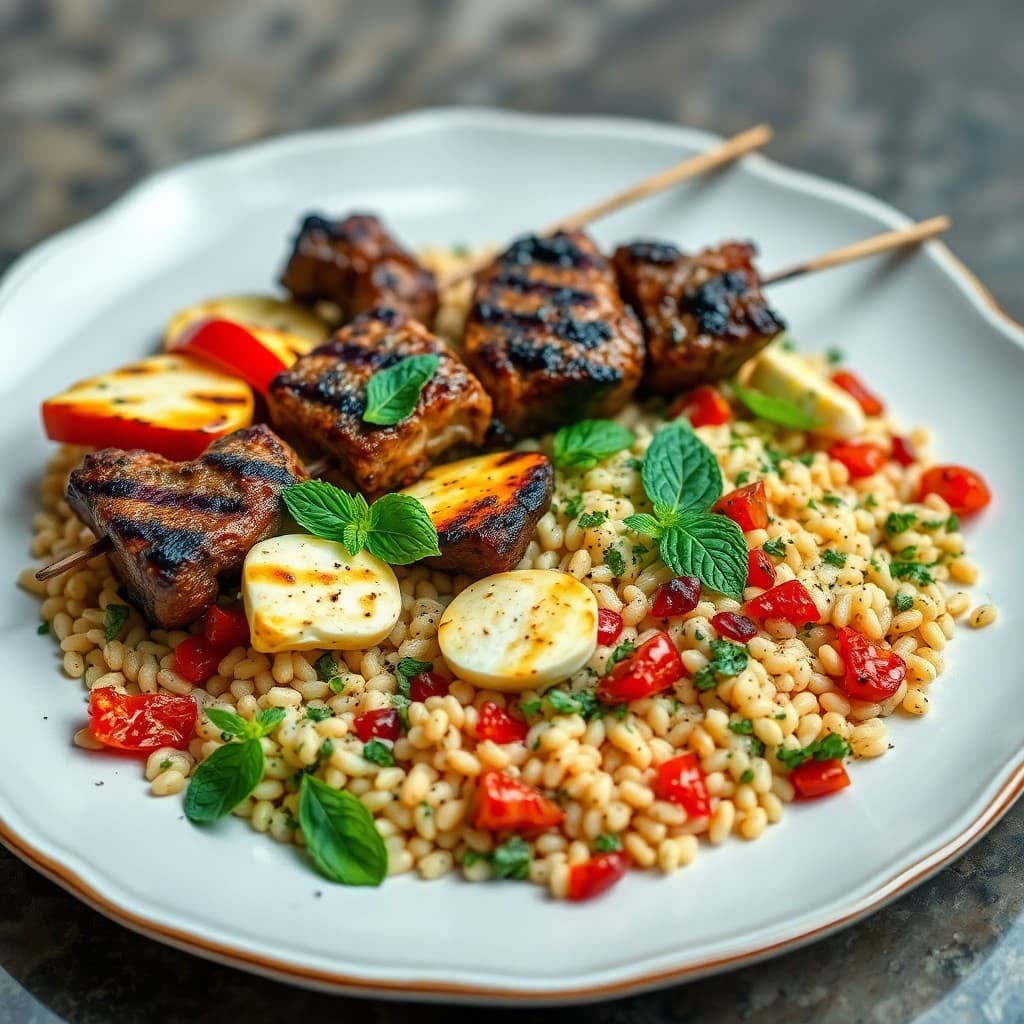 Turkish Grilled Lamb Shank Kebab with Charred Halloumi & Herbed Orzo