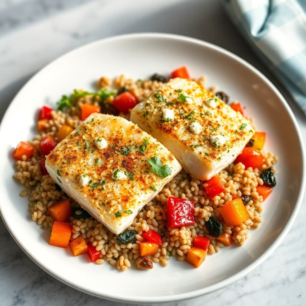 Mediterranean Baked Cod with Roasted Vegetable Farro