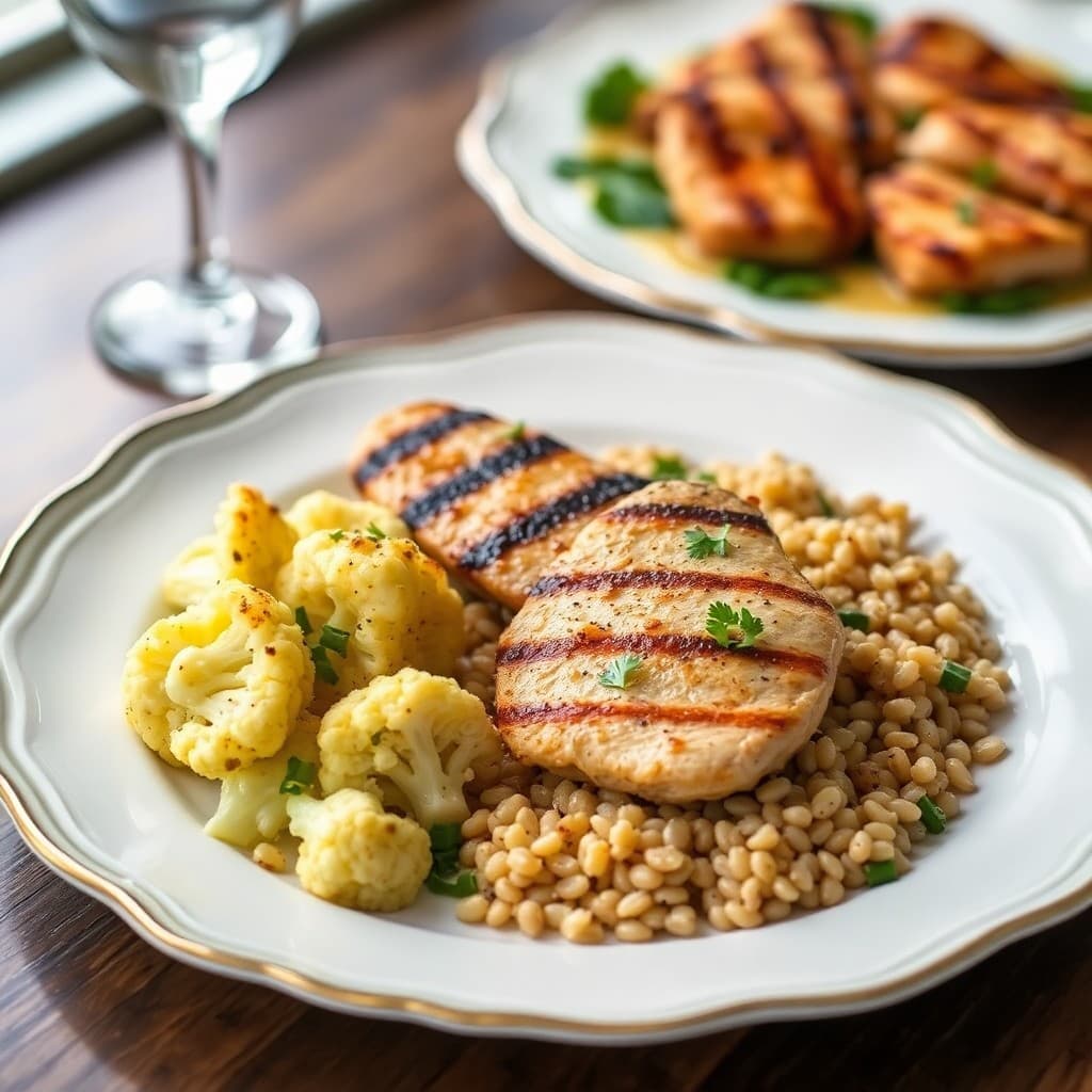 Grilled Lemon Garlic Chicken with Roasted Cauliflower and Barley Salad