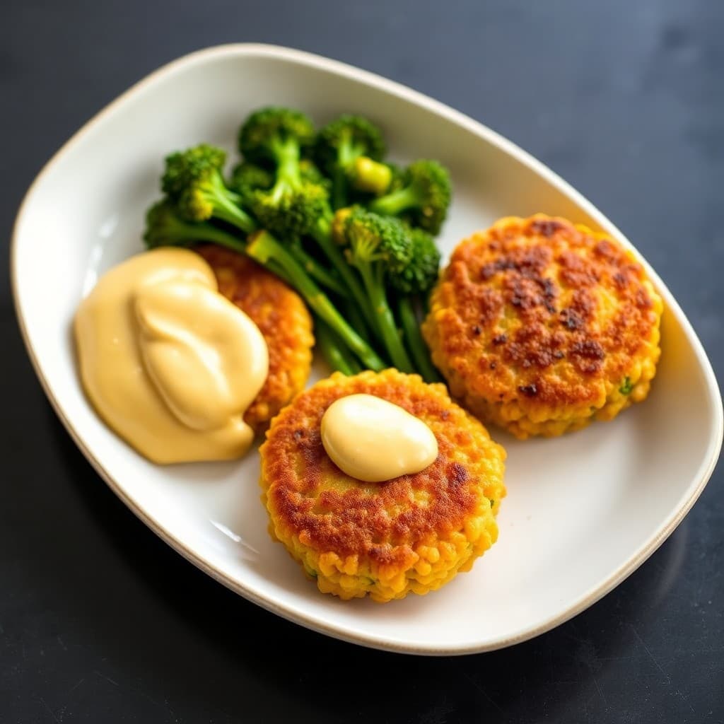 Crispy Farro-Chickpea Fritters with Saffron Aioli & Roasted Broccolini