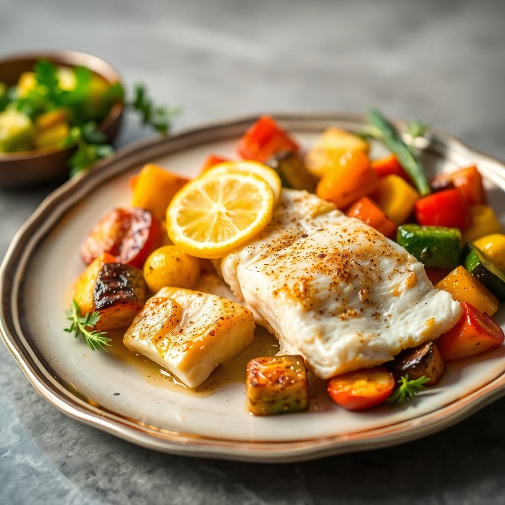 Lemon Garlic Baked Cod with Roasted Vegetable Medley