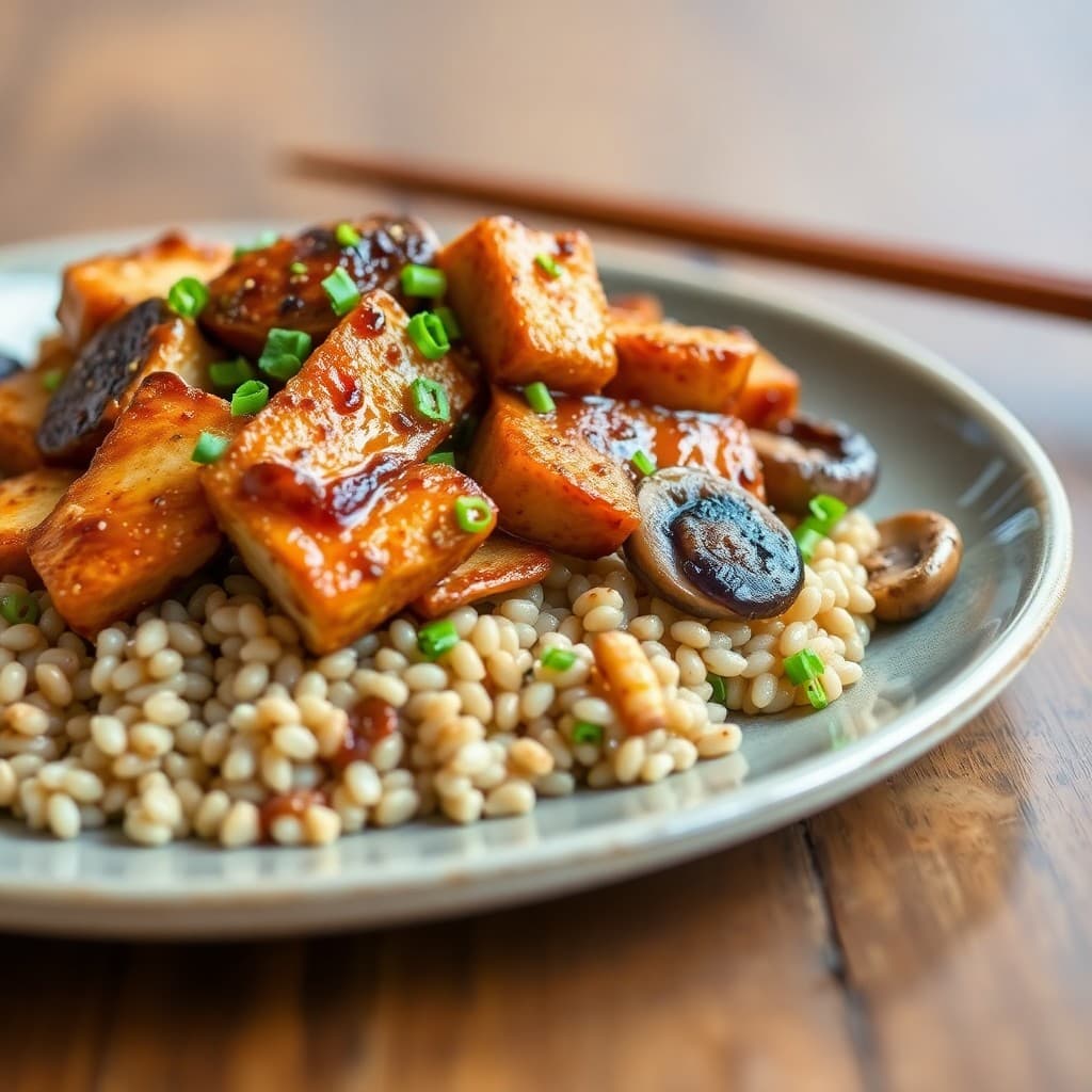 Japanese-Inspired Crispy Tempeh Teriyaki with Farro & Miso-Glazed Mushrooms