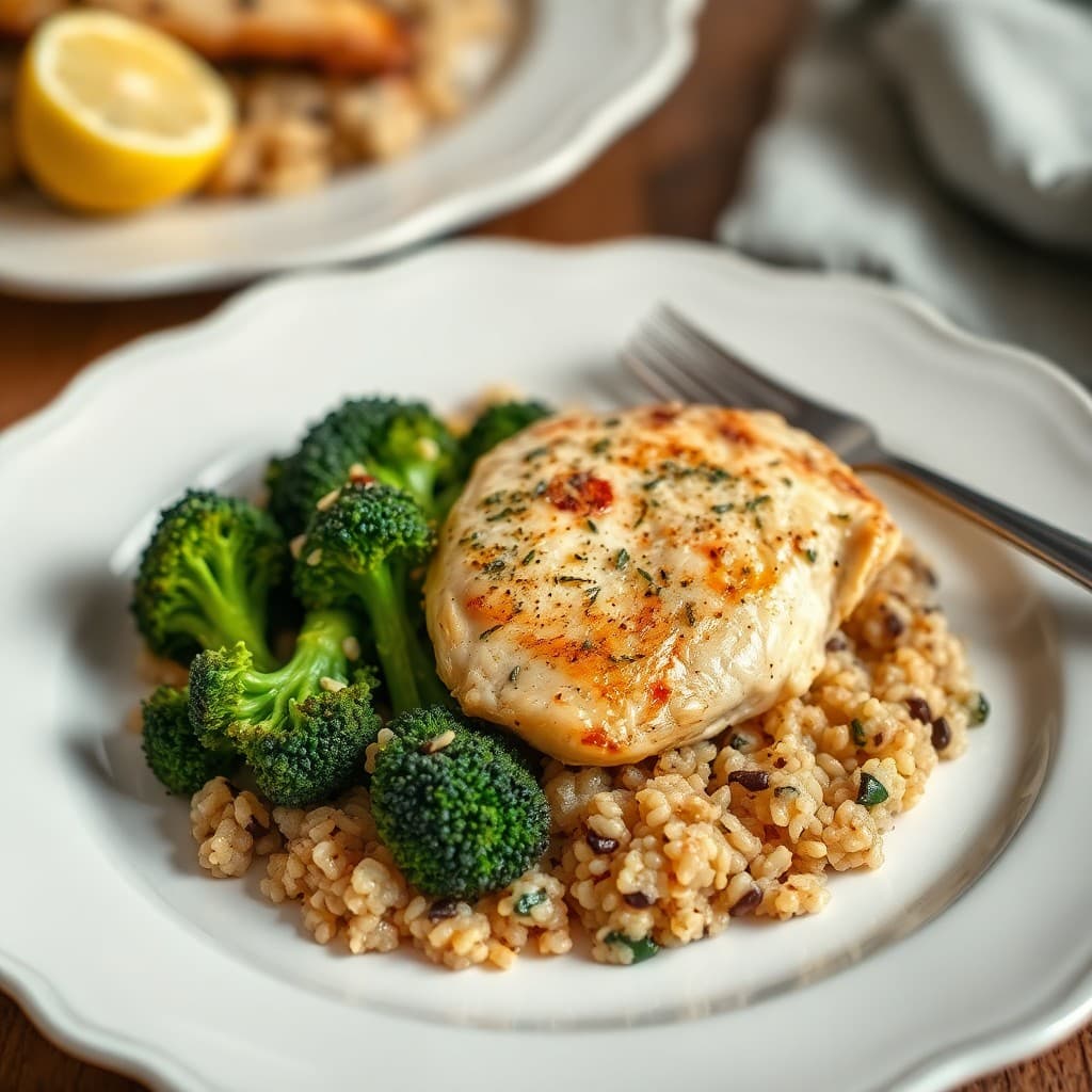 Baked Lemon-Garlic Chicken with Roasted Broccoli and Quinoa