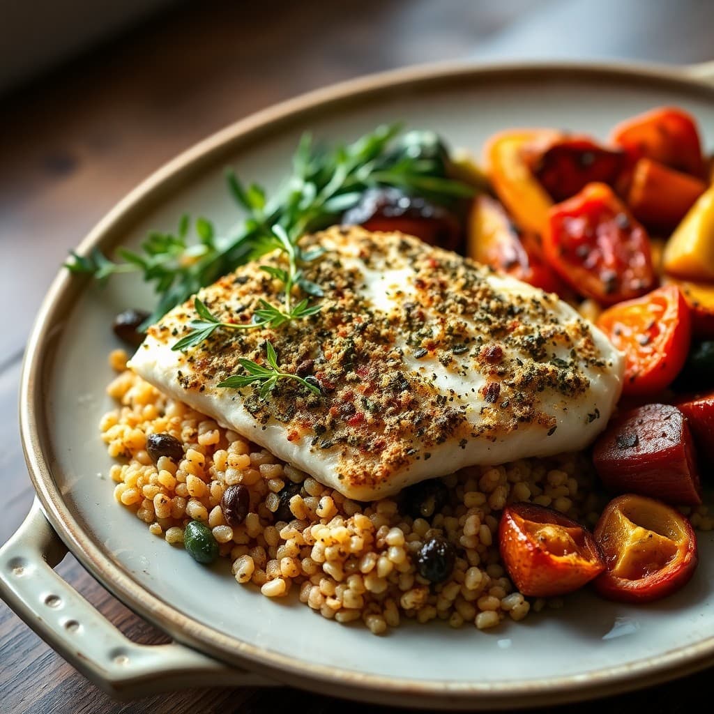 Mediterranean Herb-Crusted Halibut with Quinoa and Roasted Vegetables