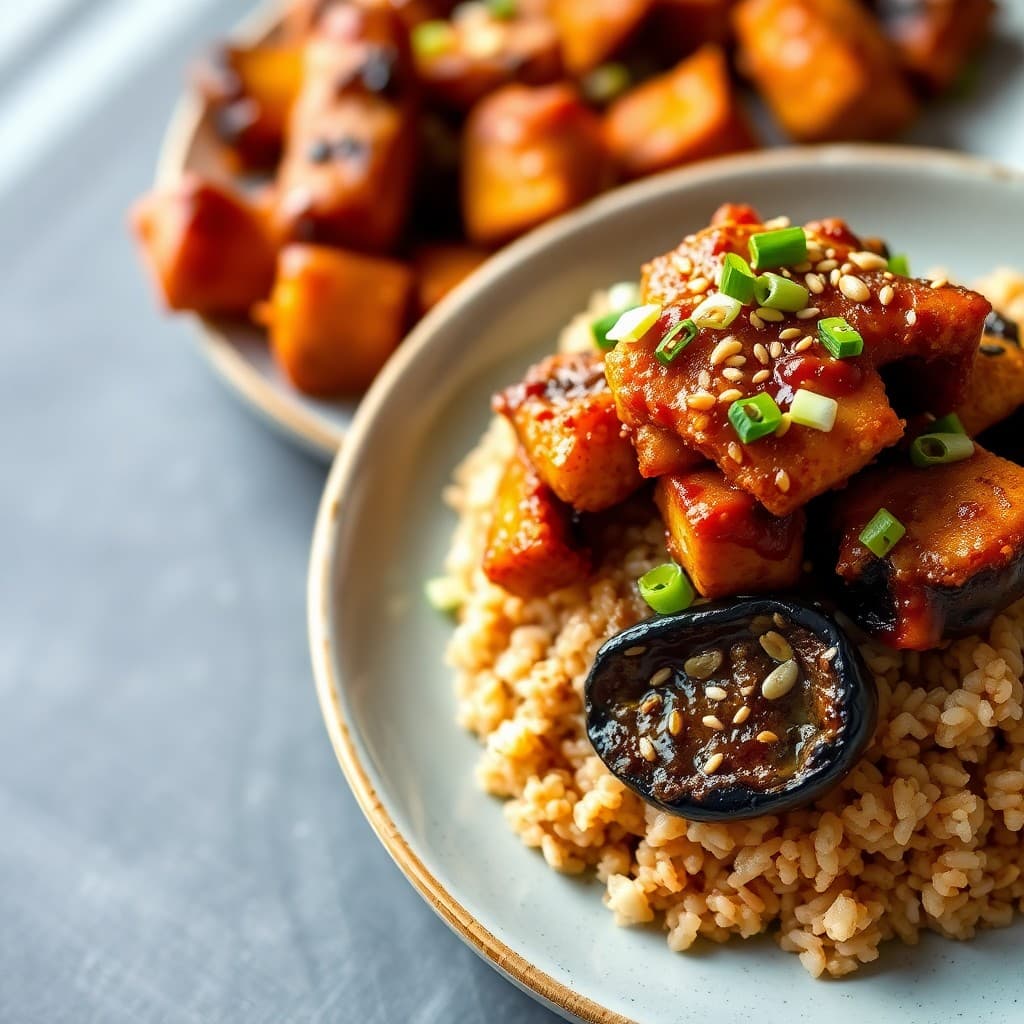 Korean-Inspired Sesame Seitan & Miso-Glazed Eggplant with Brown Rice