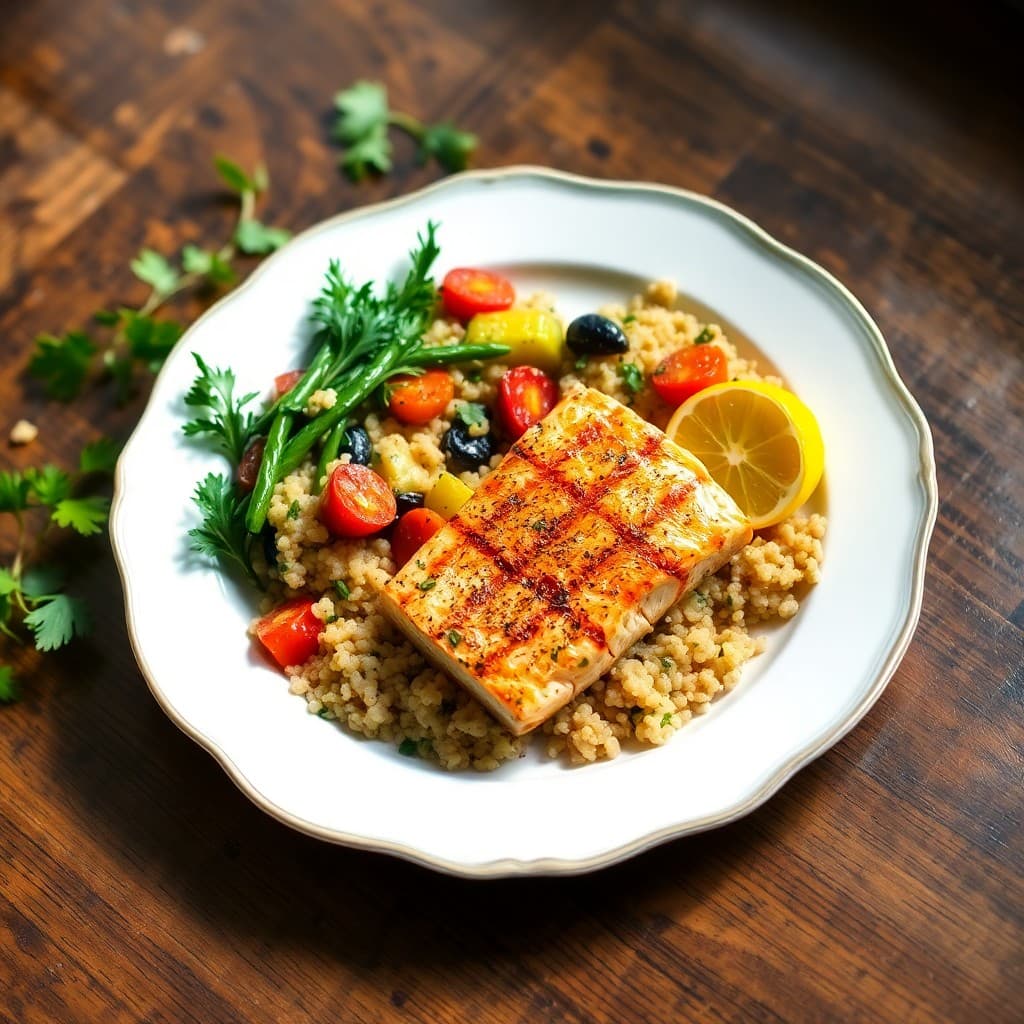 Grilled Lemon-Herb Salmon with Roasted Mediterranean Vegetables and Quinoa