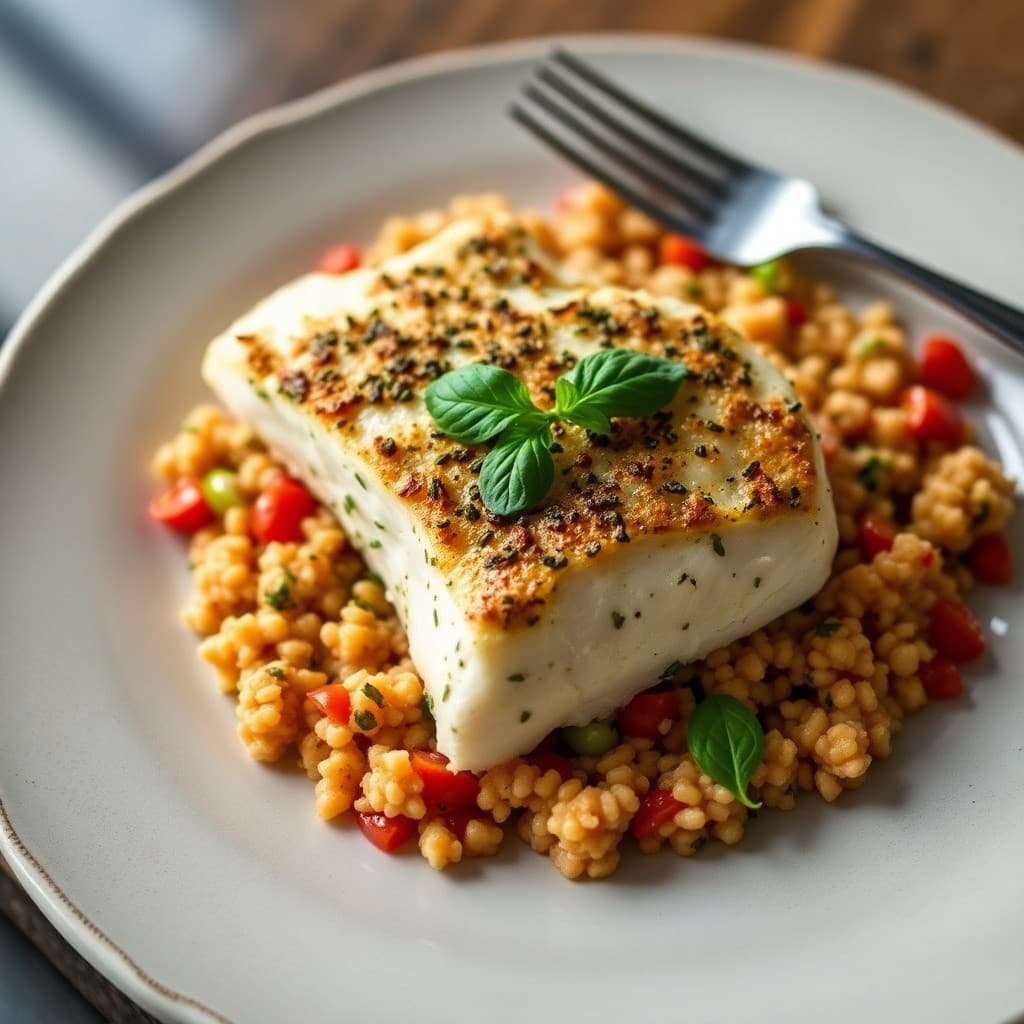 Provençal Roasted Halibut with Tomato Basil Couscous