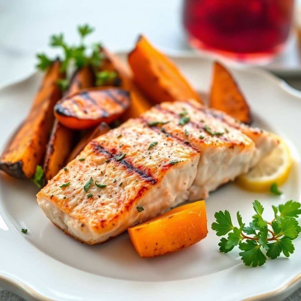 Grilled Lemon-Herb Salmon with Roasted Sweet Potato Wedges
