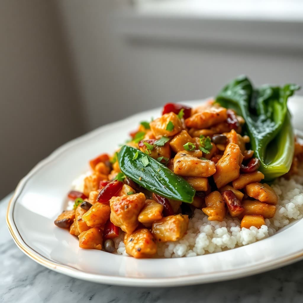 Chinese Kung Pao Chicken with Crispy Rice Cakes & Charred Bok Choy