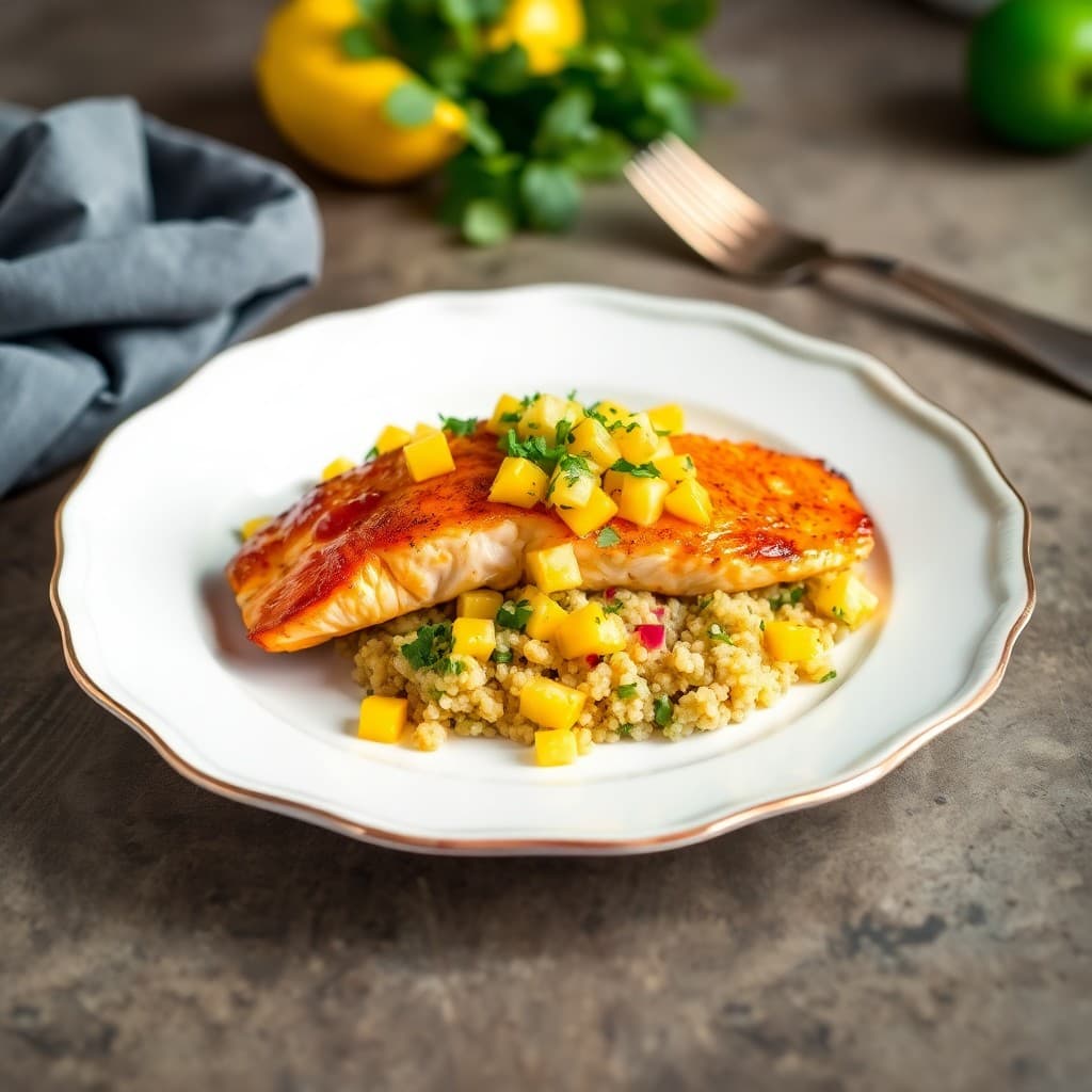 Honey Garlic Glazed Salmon with Mango Salsa and Cilantro Lime Quinoa