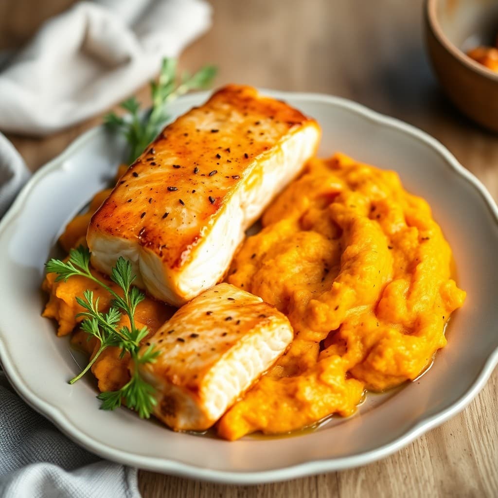 Seared Ginger-Garlic Salmon with Roasted Sweet Potato Mash