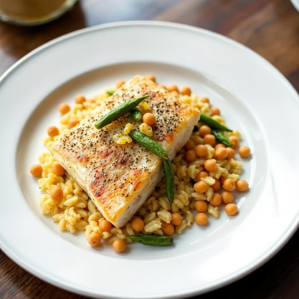 Turkish Pan-Seared Sea Bass with Charred Okra & Crispy Chickpea Orzo