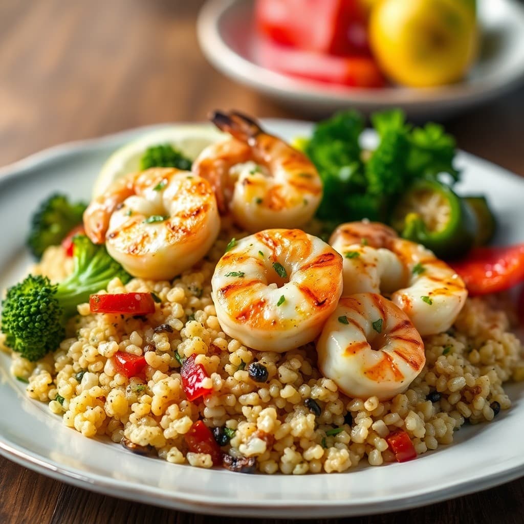 Grilled Lemon-Garlic Shrimp with Roasted Vegetable Quinoa