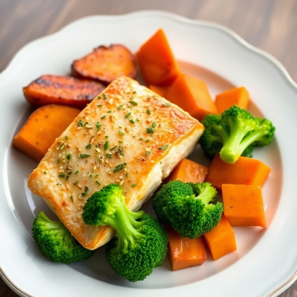 Seared Garlic-Herb Salmon with Roasted Sweet Potatoes and Broccoli