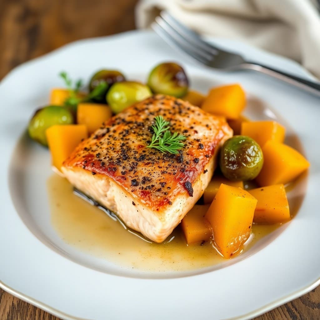 Roasted Autumn Salmon with Butternut Squash and Brussels Sprouts