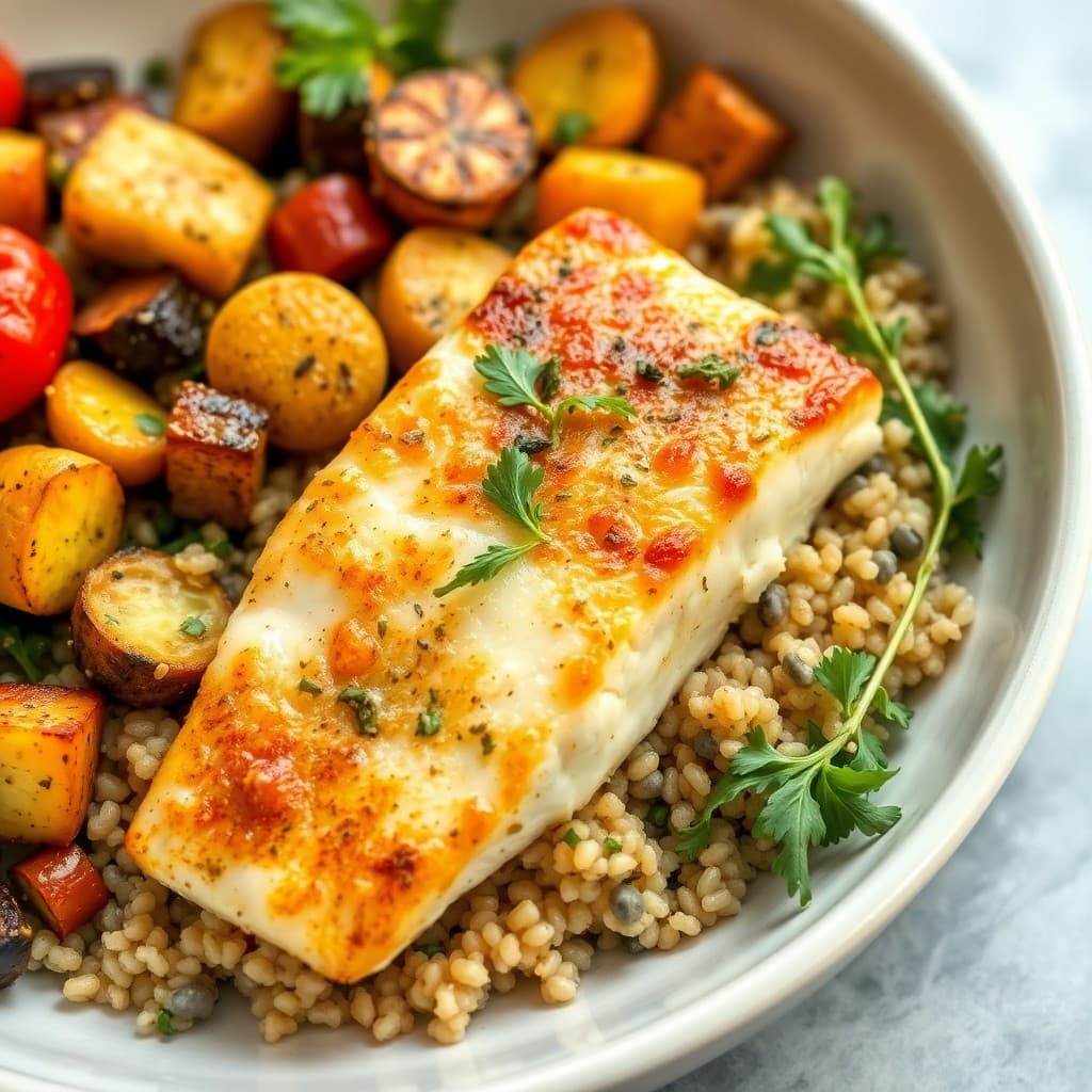 Mediterranean Baked Cod with Herb Quinoa and Roasted Vegetables