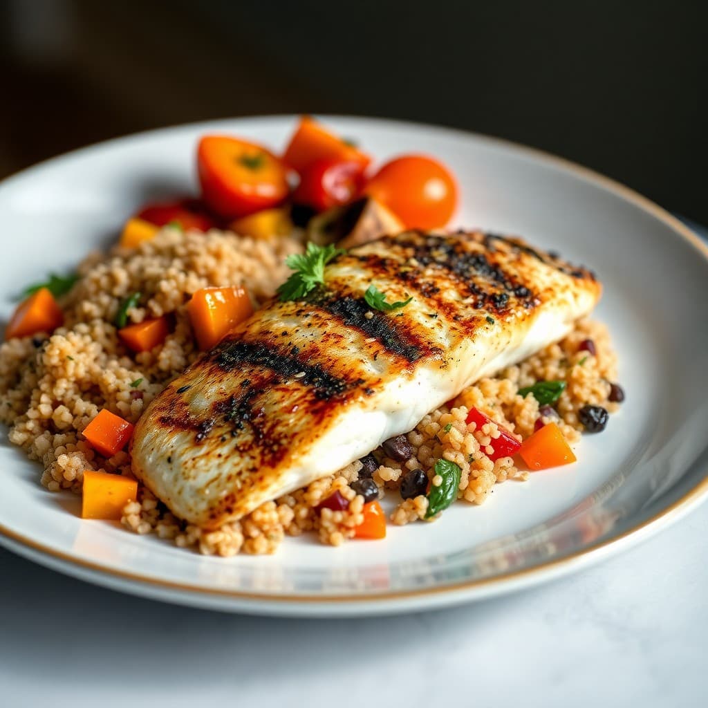 Provençal Grilled Sea Bass with Herbed Bulgur and Roasted Ratatouille