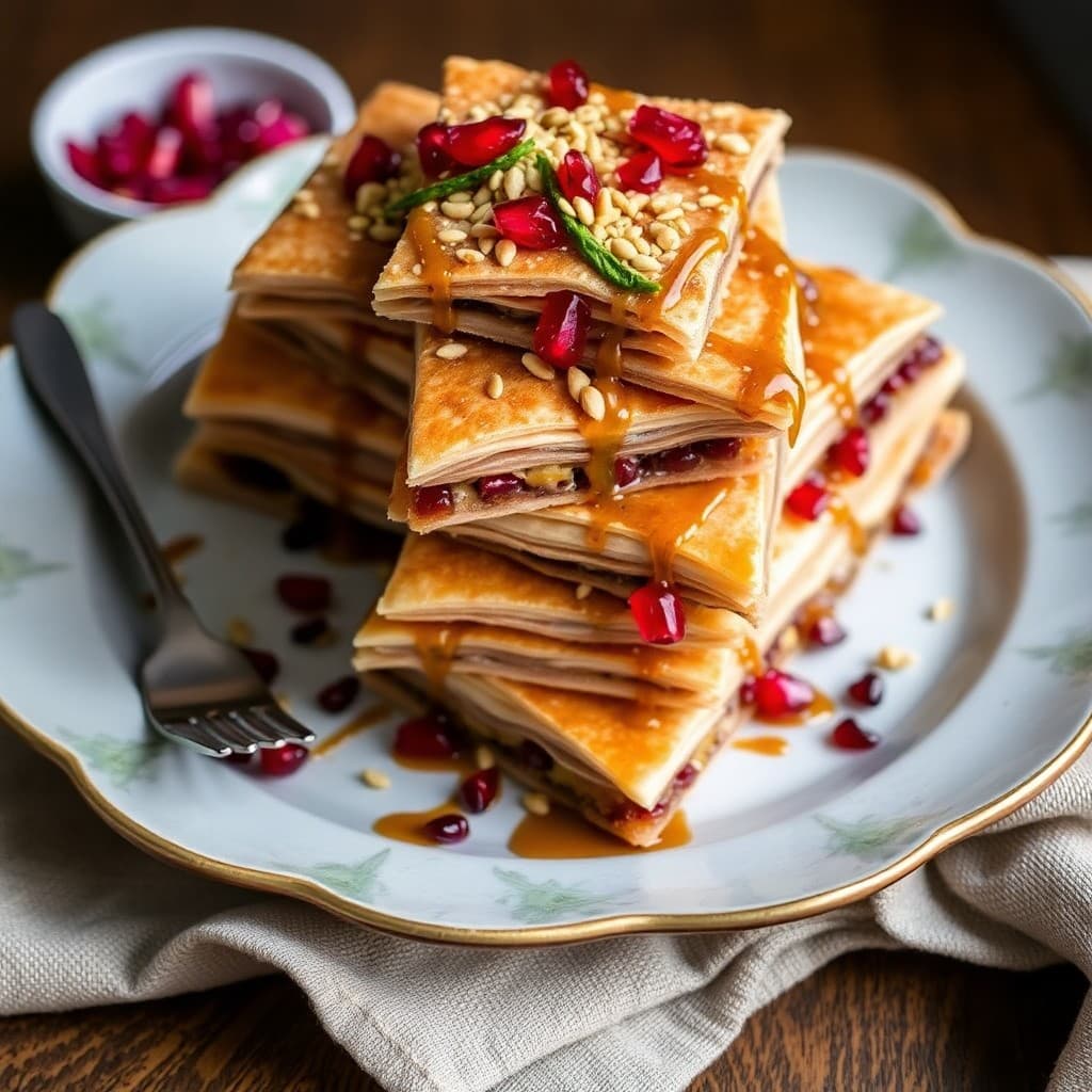 Turkish Pomegranate & Walnut Baklava Towers with Tahini Drizzle