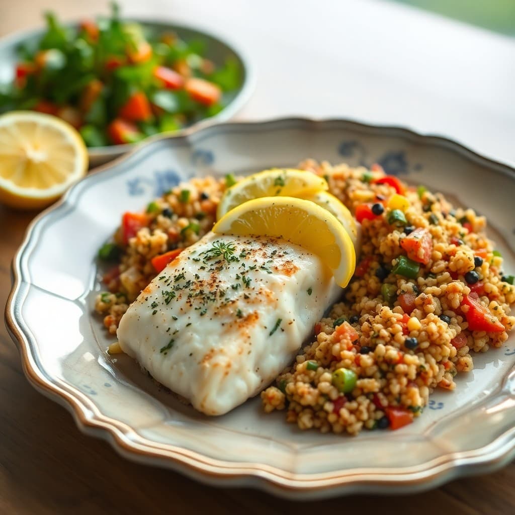 Lemon Herb Roasted Halibut with Mediterranean Vegetable Quinoa