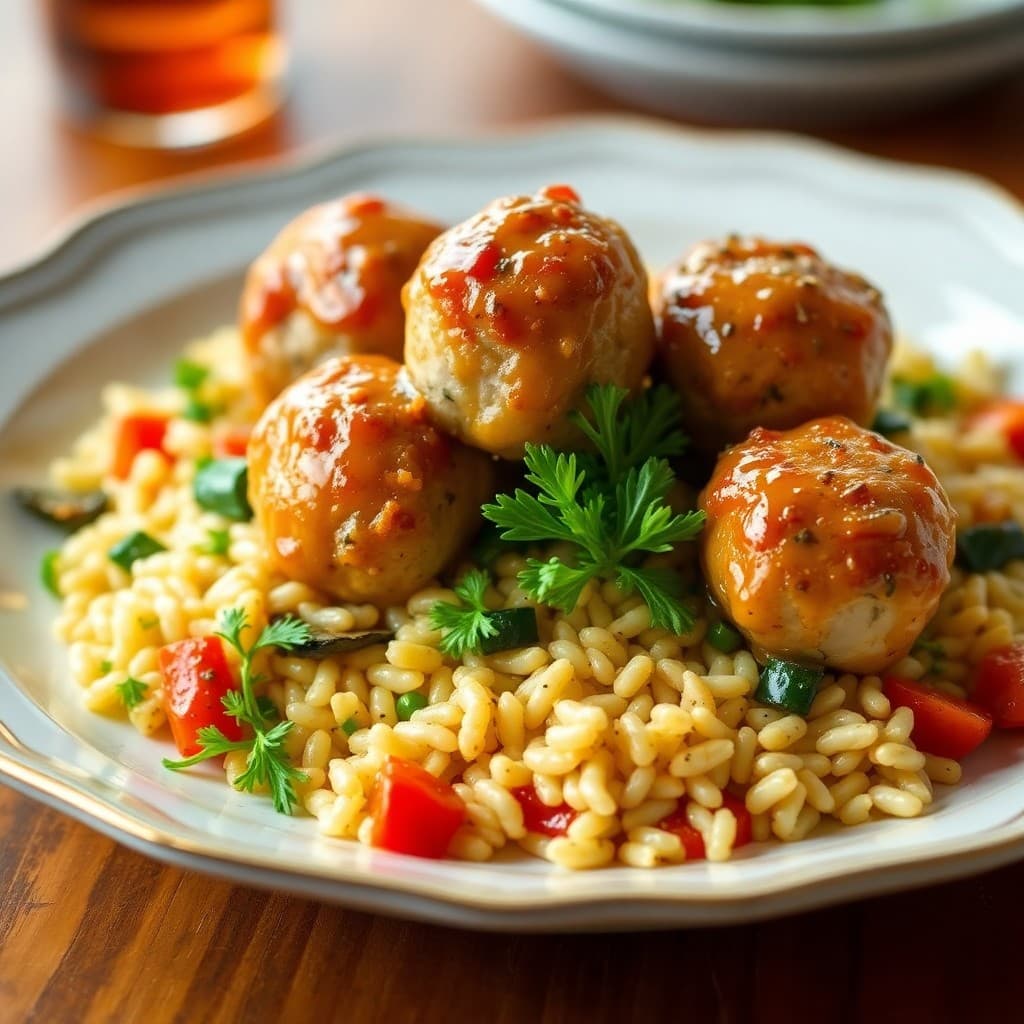 Honey Dijon Chicken Meatballs with Roasted Veggie Orzo
