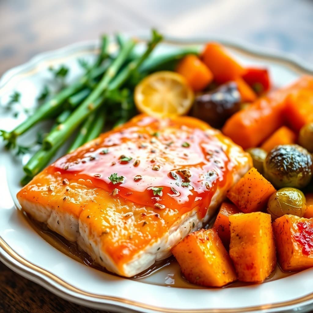 Honey Garlic Glazed Salmon with Roasted Sweet Potato Medley