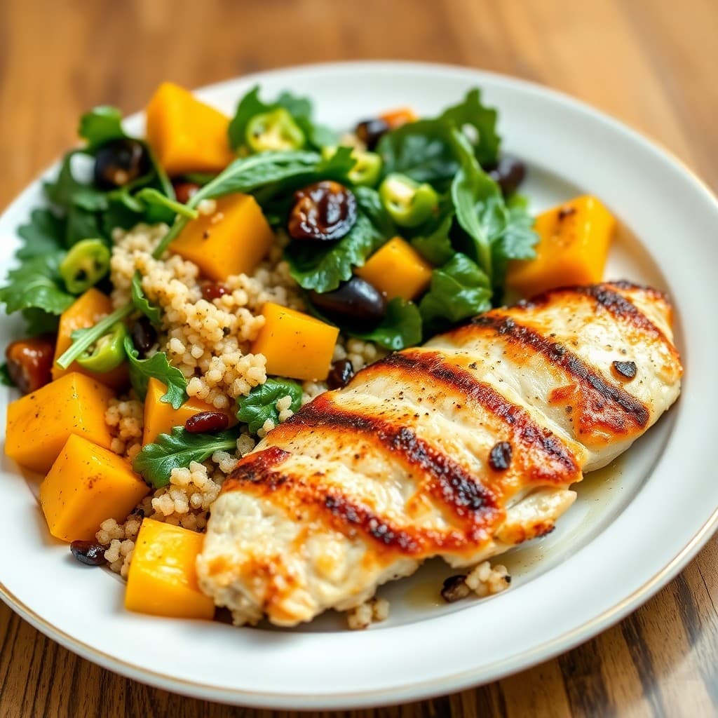 Seared Ginger-Garlic Chicken with Roasted Butternut Squash and Quinoa Salad