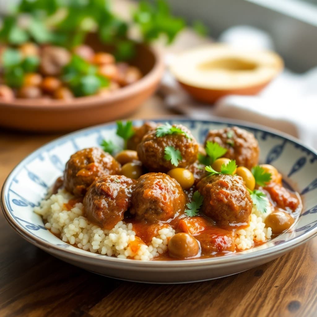 Moroccan-Spiced Lamb Meatball Tagine with Apricot & Olive Sauce