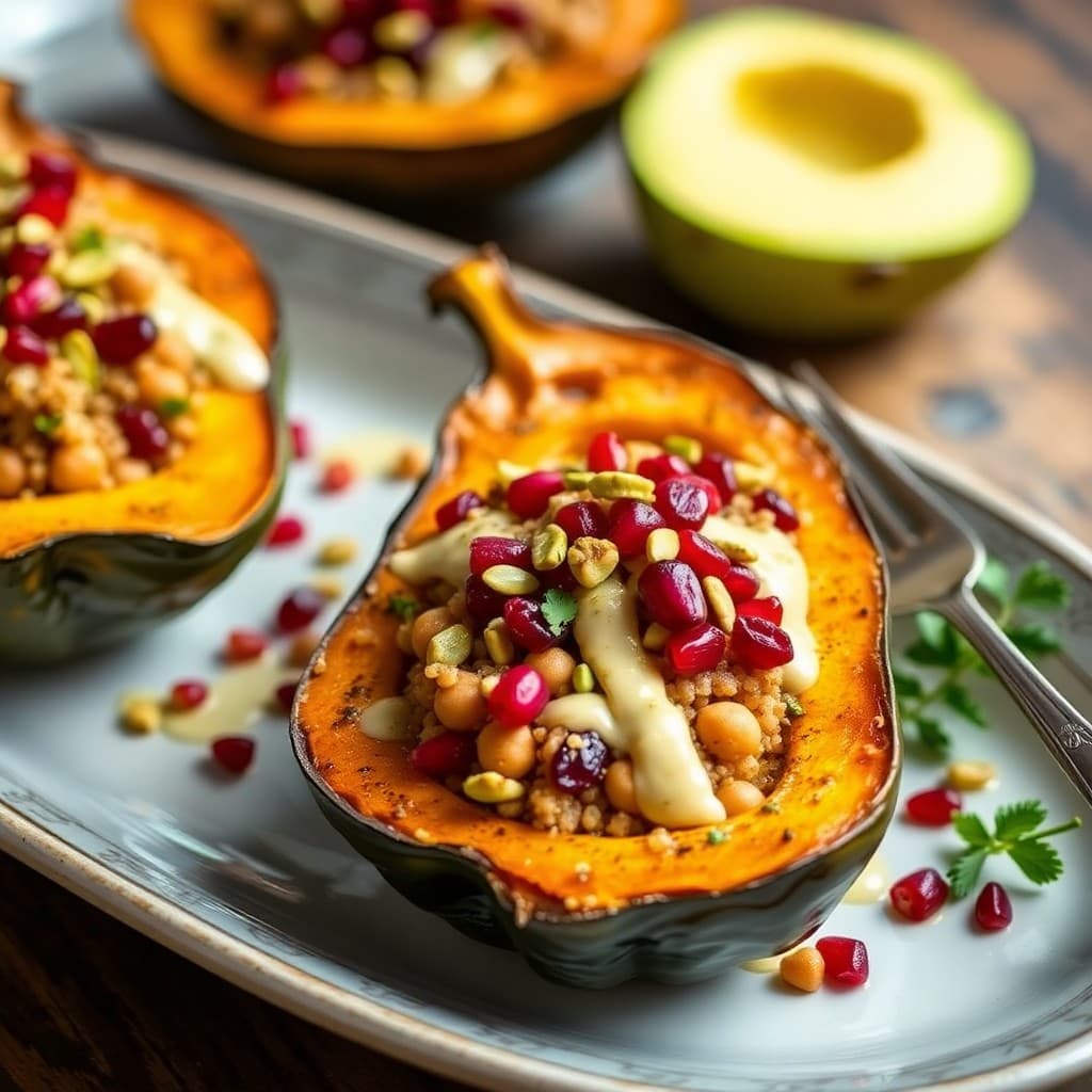 Moroccan-Spiced Chickpea & Quinoa Stuffed Delicata Squash with Pomegranate & Pistachio Crunch