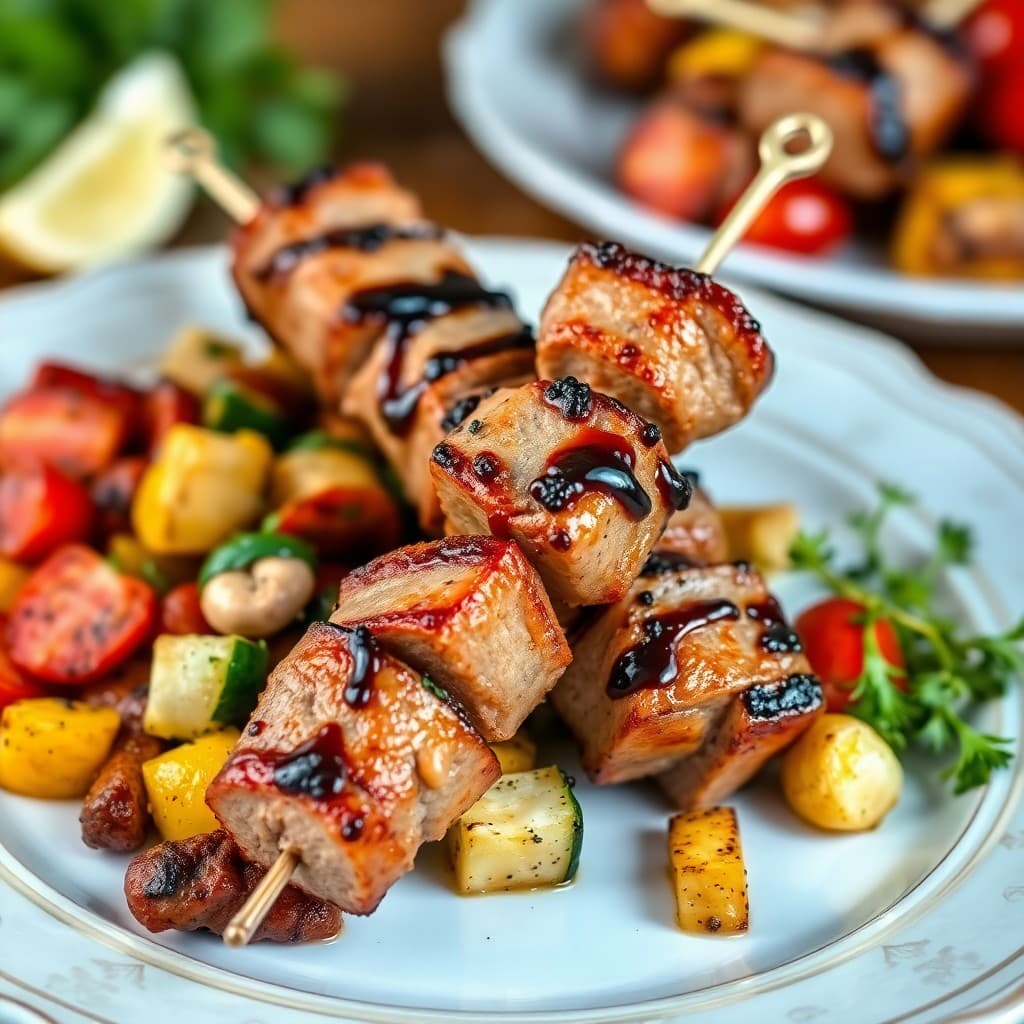 Balsamic Glazed Pork Tenderloin Skewers with Roasted Mediterranean Veggies