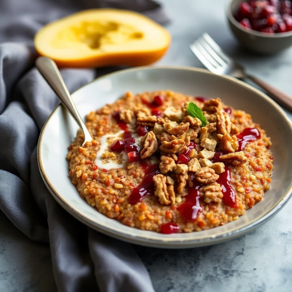Turkish Spiced Lentil & Bulgur Breakfast Porridge with Crispy Tempeh Crumbles & Pomegranate Drizzle