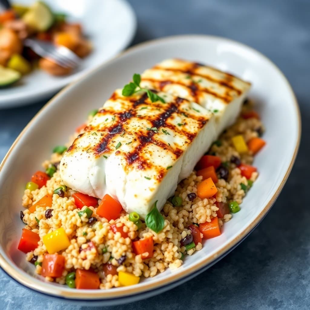 Grilled Mediterranean Halibut with Roasted Vegetable Quinoa