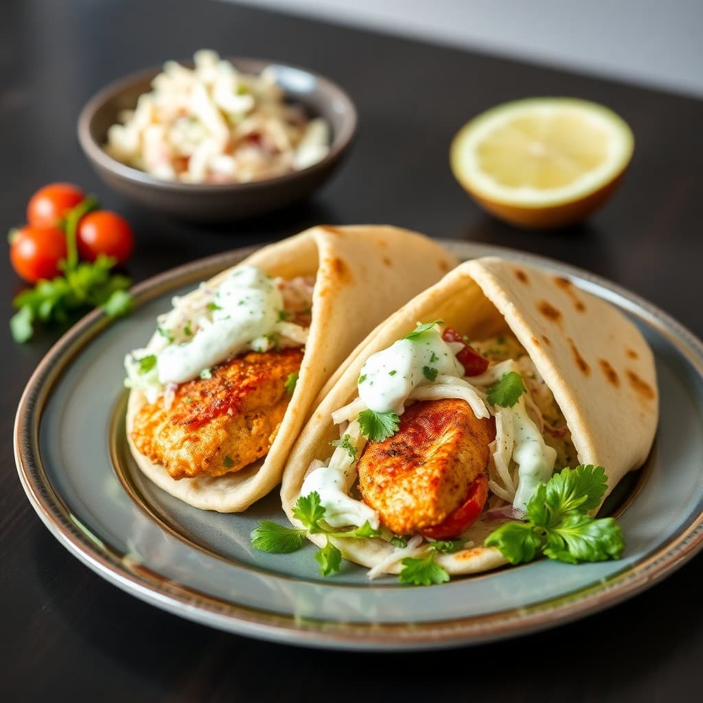 Mediterranean Chicken Pitas with Tzatziki Slaw