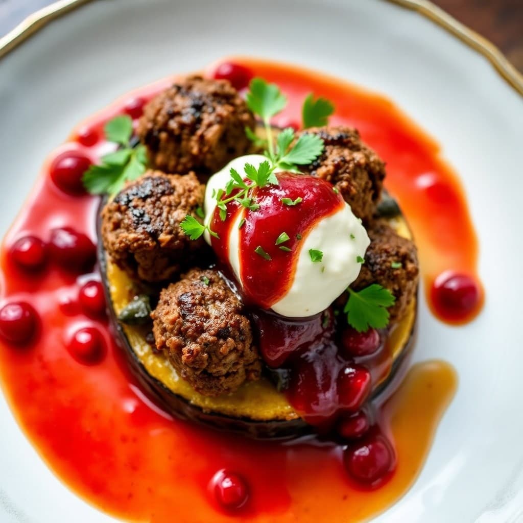 Turkish Lamb Köfte with Charred Eggplant & Pomegranate-Walnut Sauce