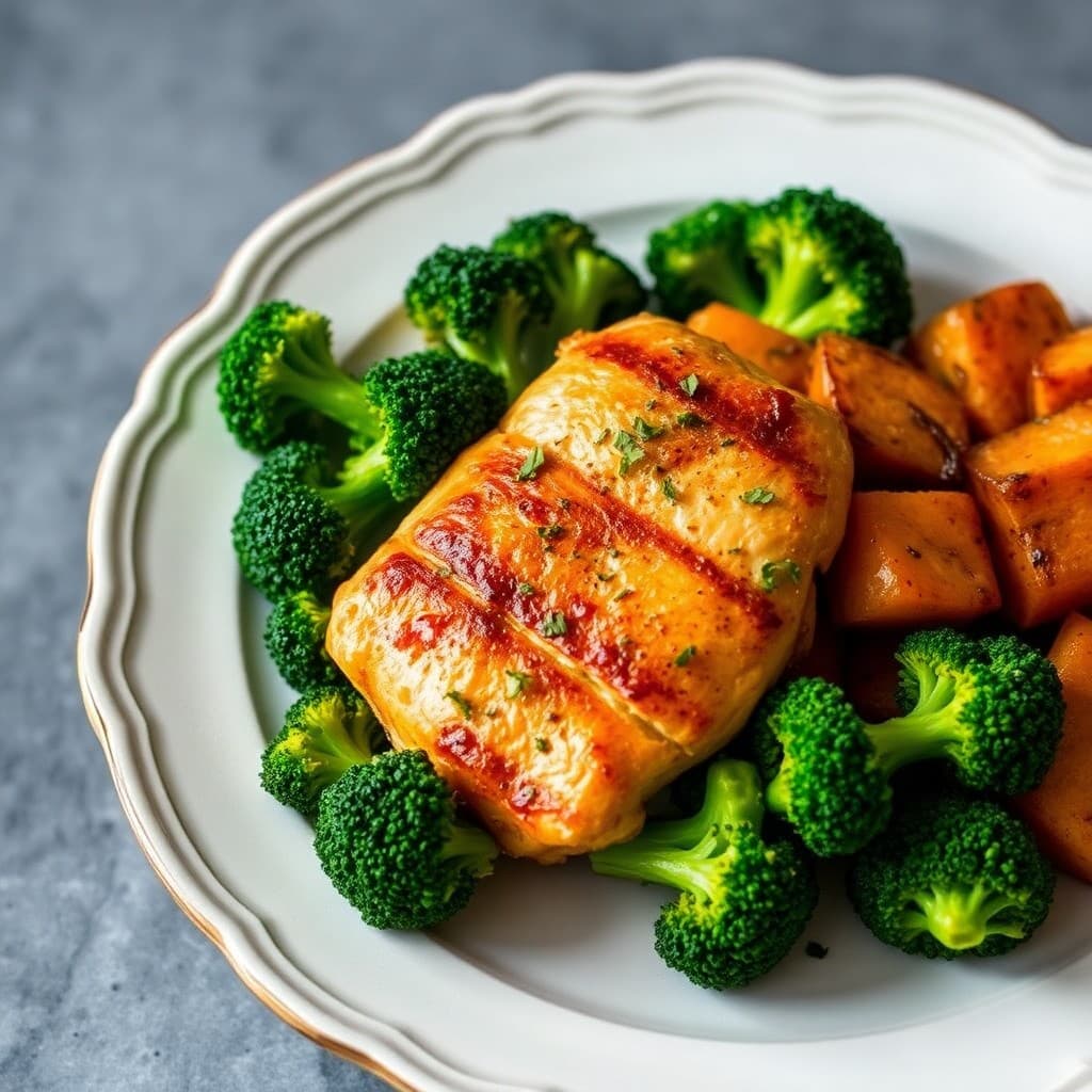Seared Garlic-Ginger Chicken with Roasted Broccoli and Sweet Potato