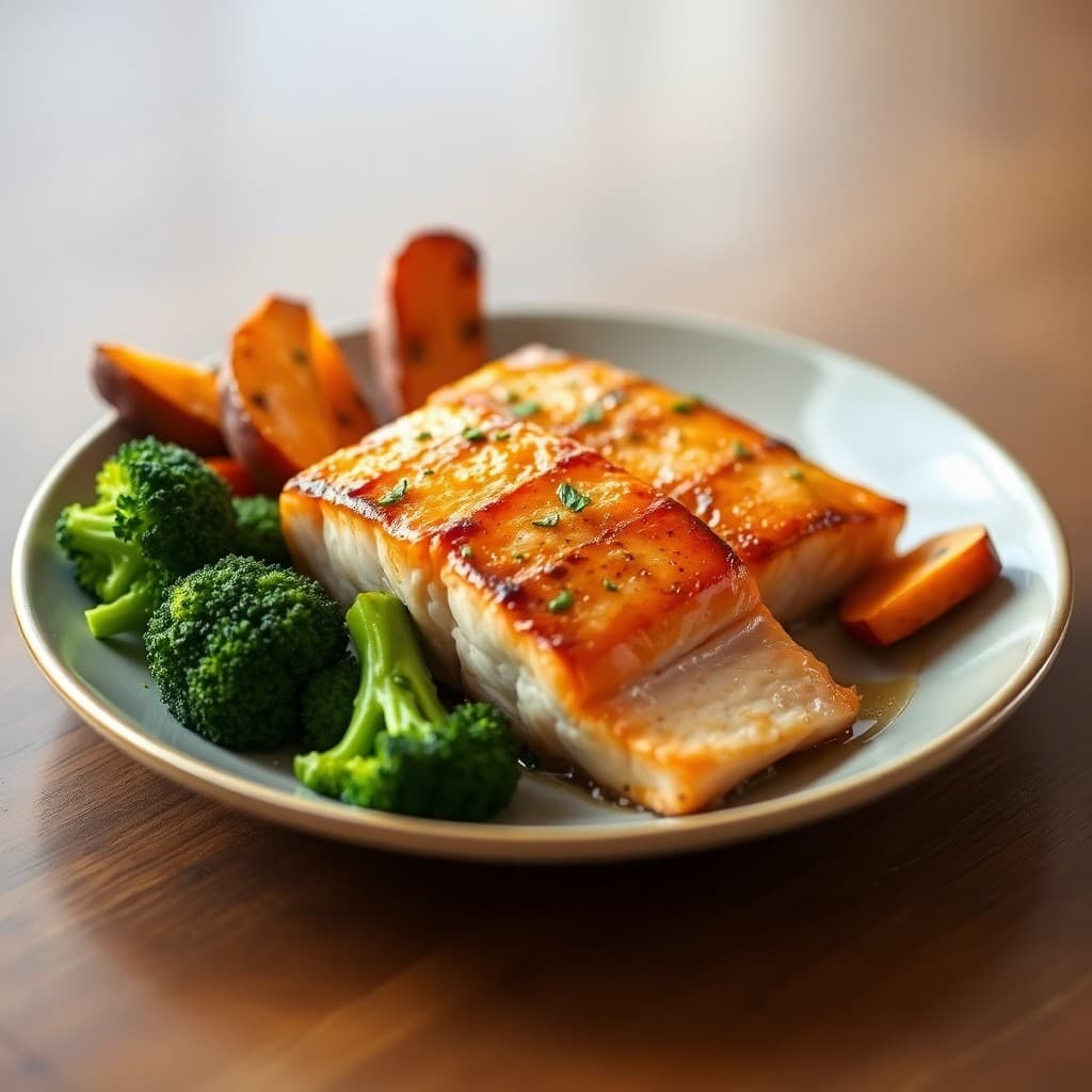 Seared Ginger-Garlic Salmon with Roasted Sweet Potato Wedges and Steamed Broccoli