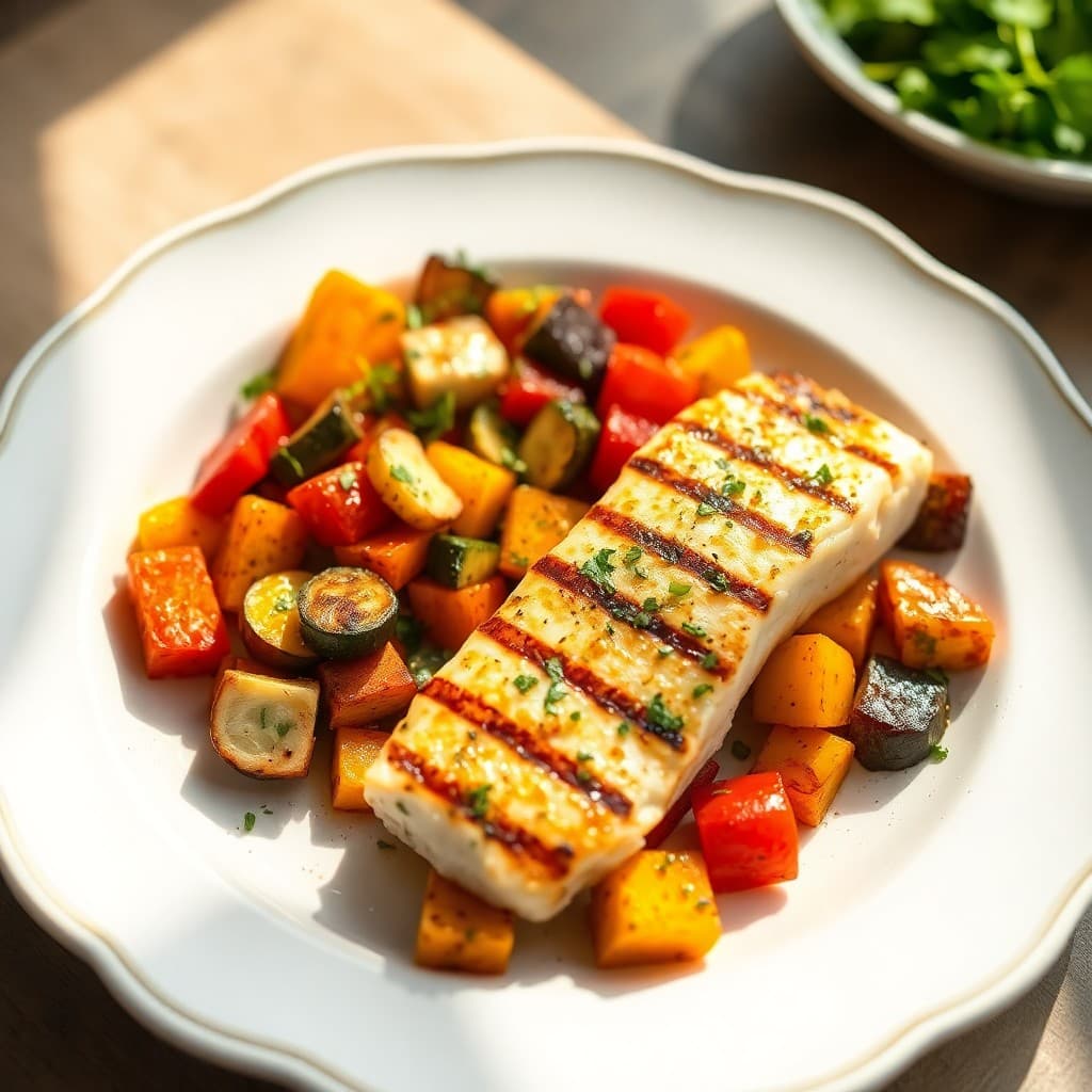Grilled Lemon-Herb Cod with Roasted Vegetable Medley