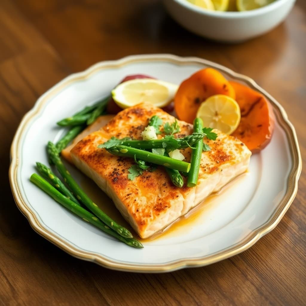 Seared Salmon with Roasted Sweet Potato and Asparagus Salad