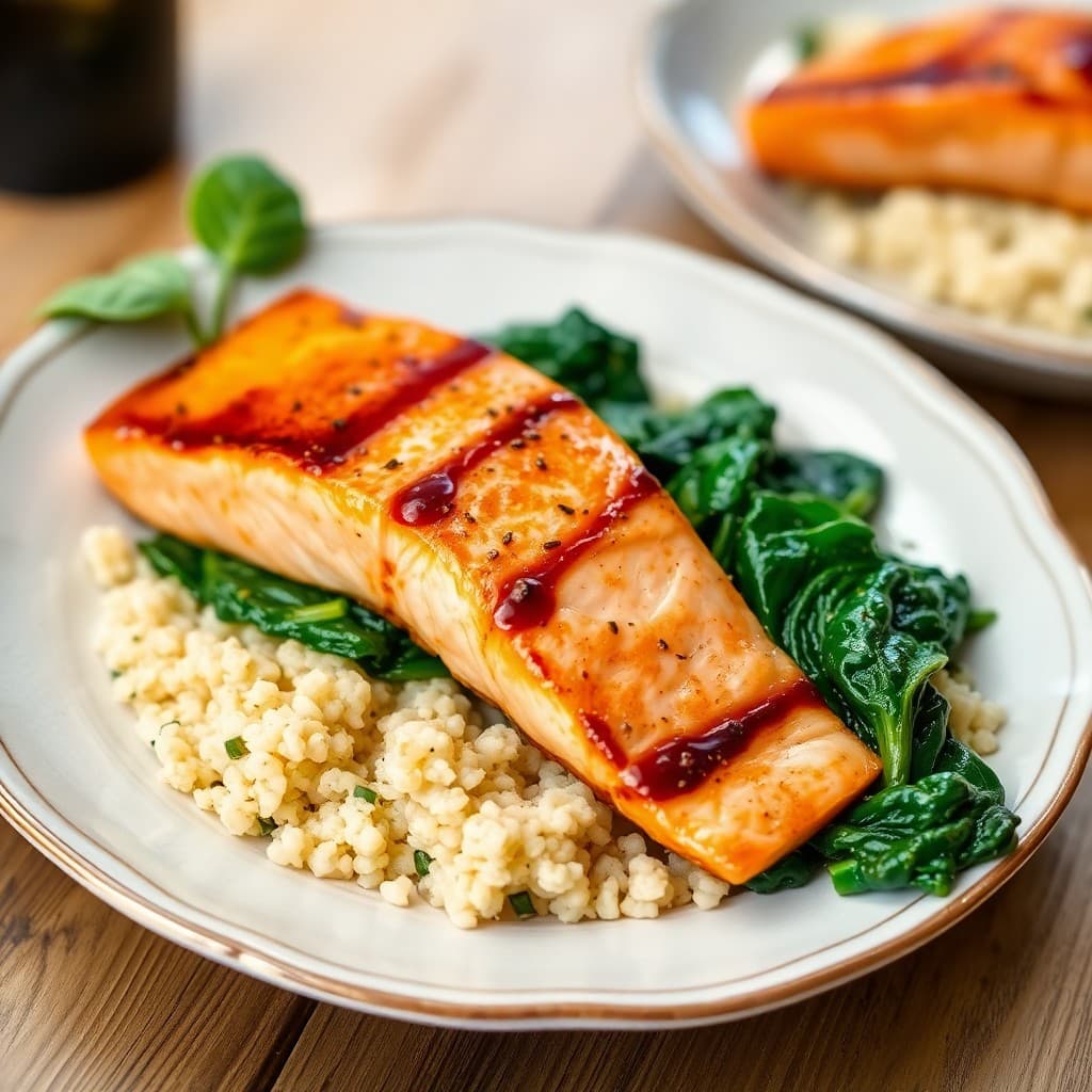 Miso-Glazed Salmon with Sautéed Spinach and Quinoa