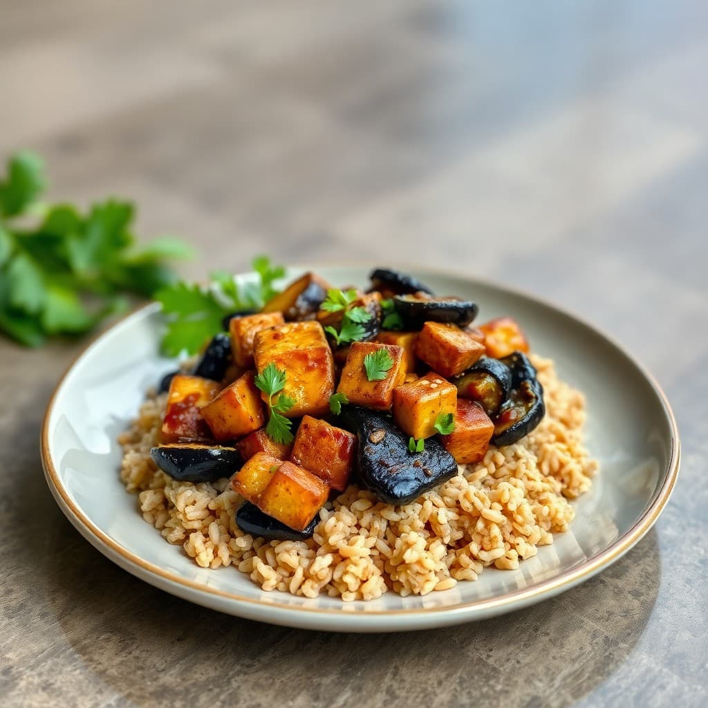 Sichuan Crispy Tempeh & Eggplant Stir-Fry with Sesame Brown Rice