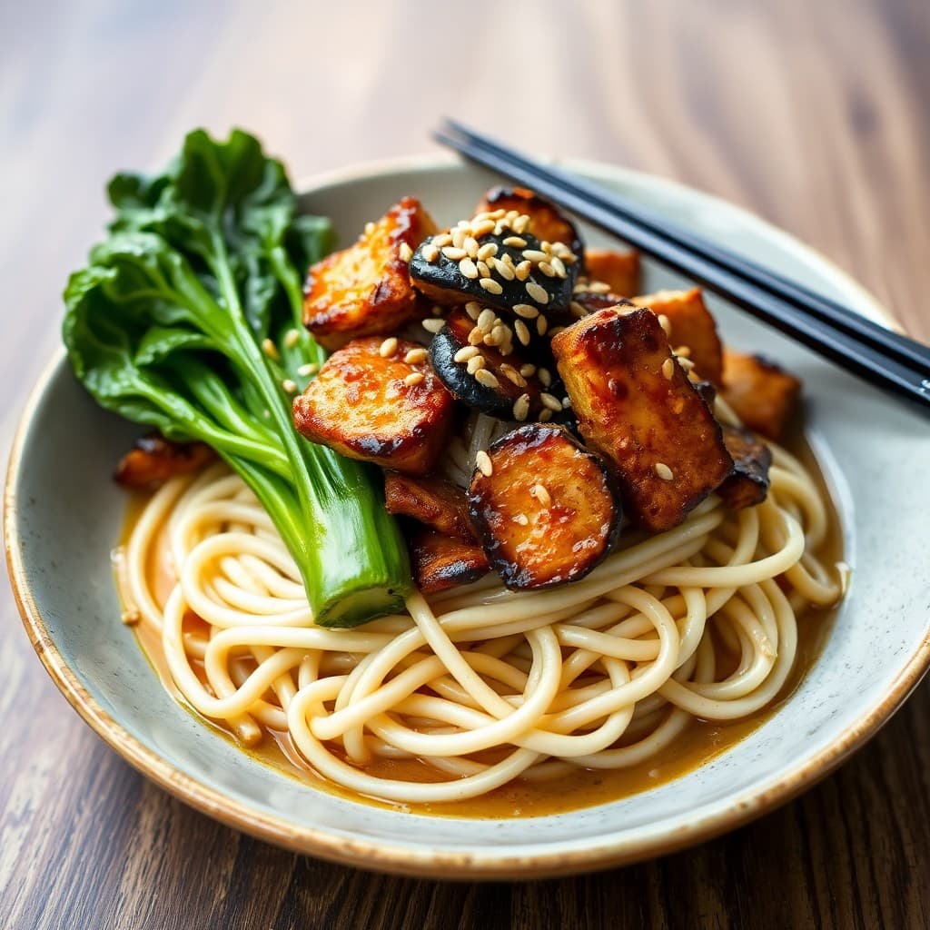 Japanese Miso-Glazed Eggplant & Crispy Tempeh Ramen with Charred Bok Choy