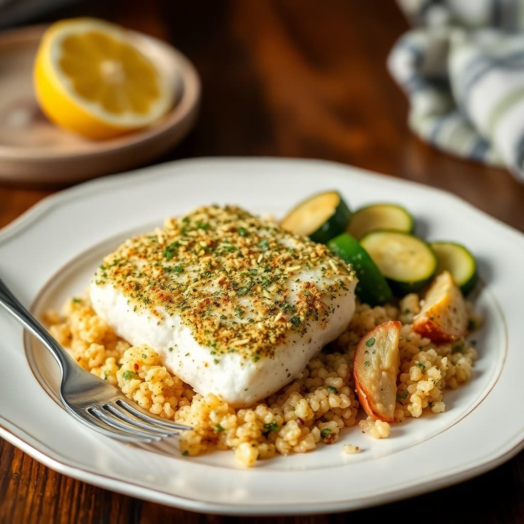 Herb-Crusted Baked Cod with Roasted Zucchini and Quinoa