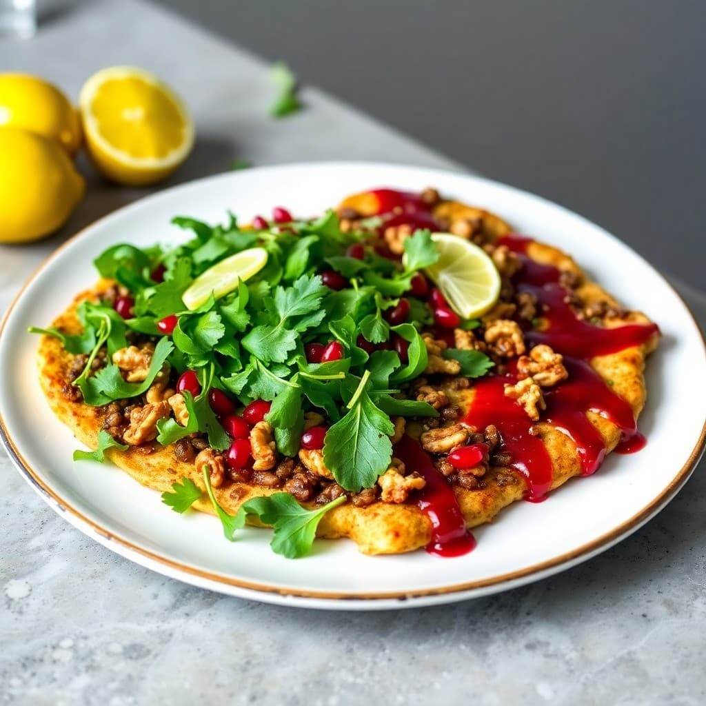 Turkish Lentil & Walnut Breakfast Flatbread with Pomegranate-Sumac Drizzle