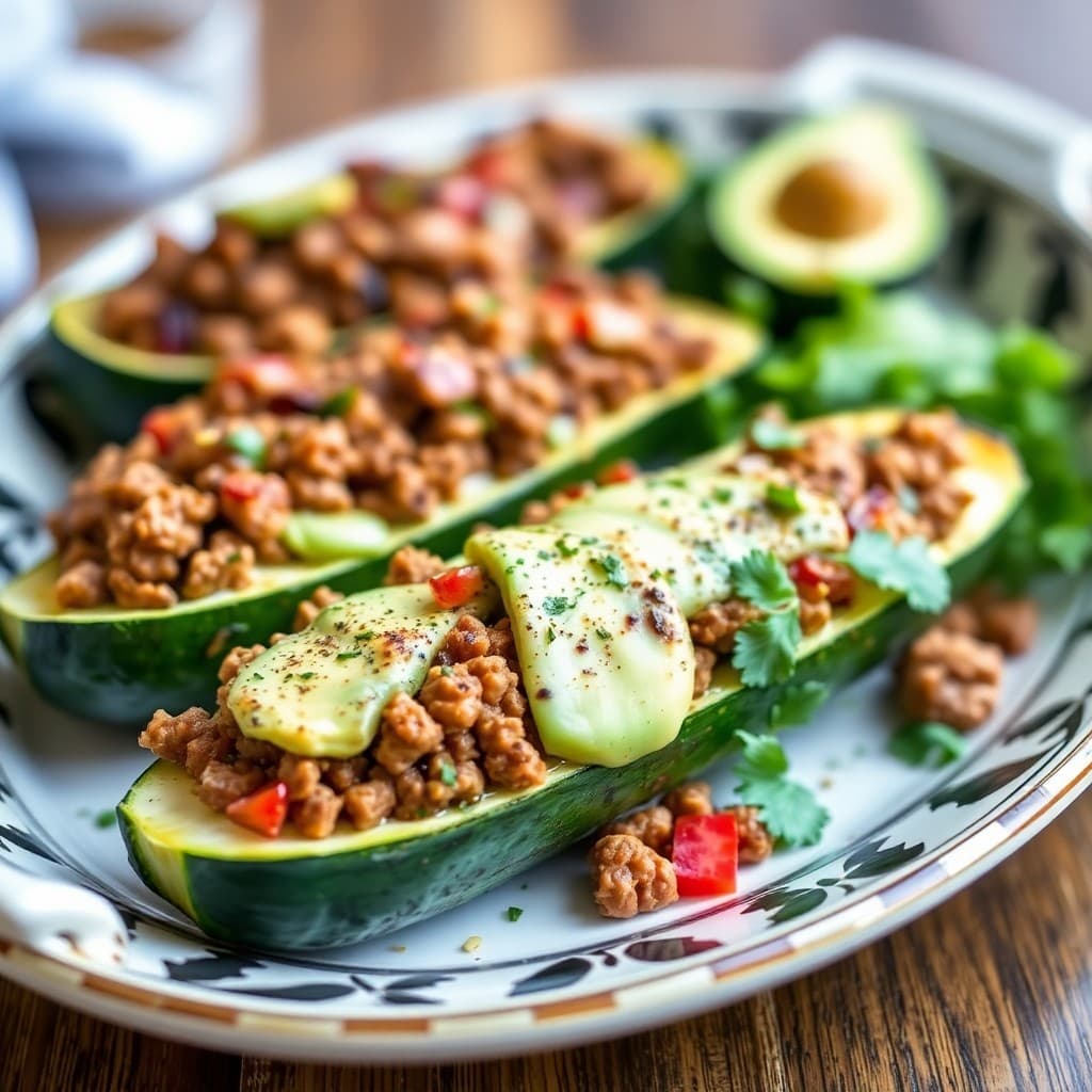 Beef and Avocado Stuffed Zucchini Boats