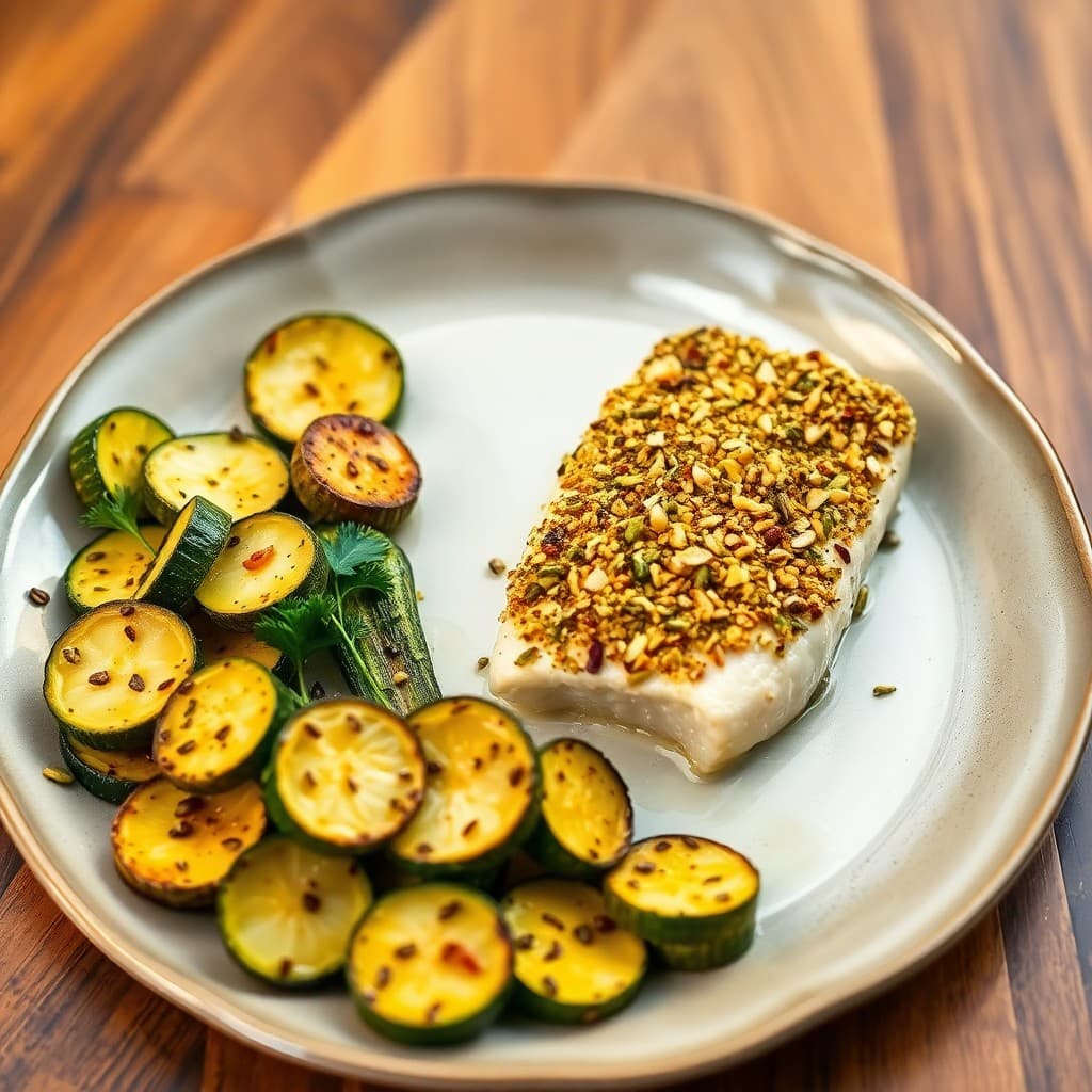Baked Pistachio-Crusted Cod with Roasted Lemon-Garlic Zucchini