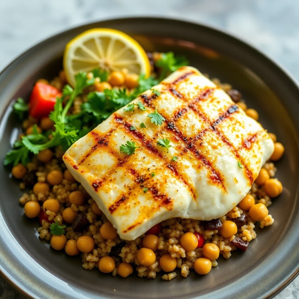 Grilled Lemon-Garlic Halibut with Roasted Vegetable Quinoa Salad