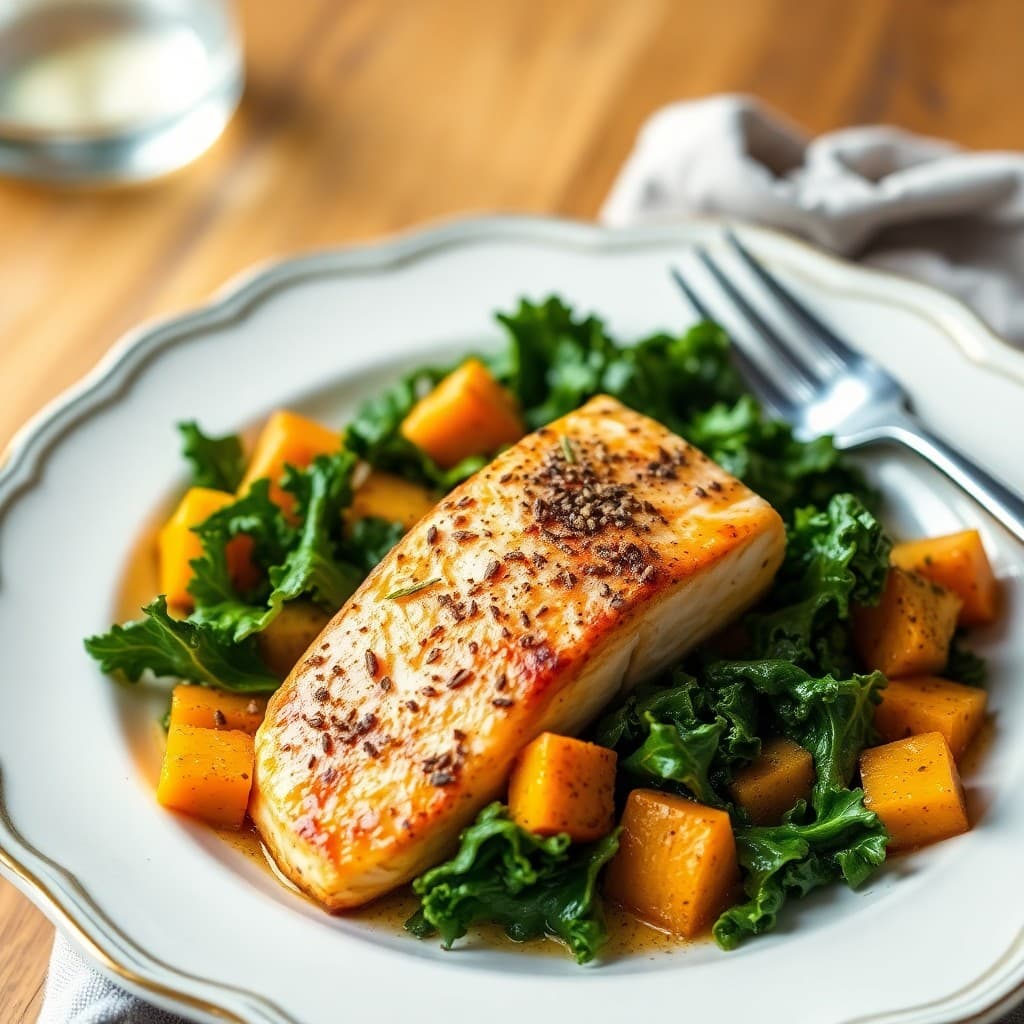 Autumn Roasted Salmon with Butternut Squash and Kale