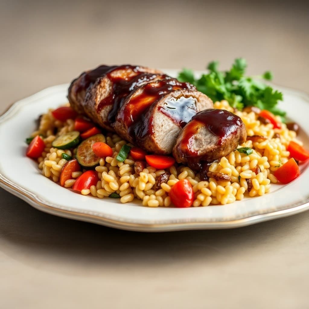 Balsamic Glazed Pork Tenderloin with Roasted Vegetable Orzo