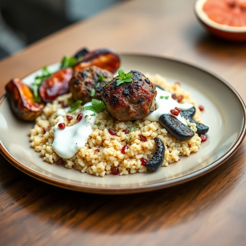 Turkish Lamb Köfte with Charred Eggplant & Bulgur Pilaf